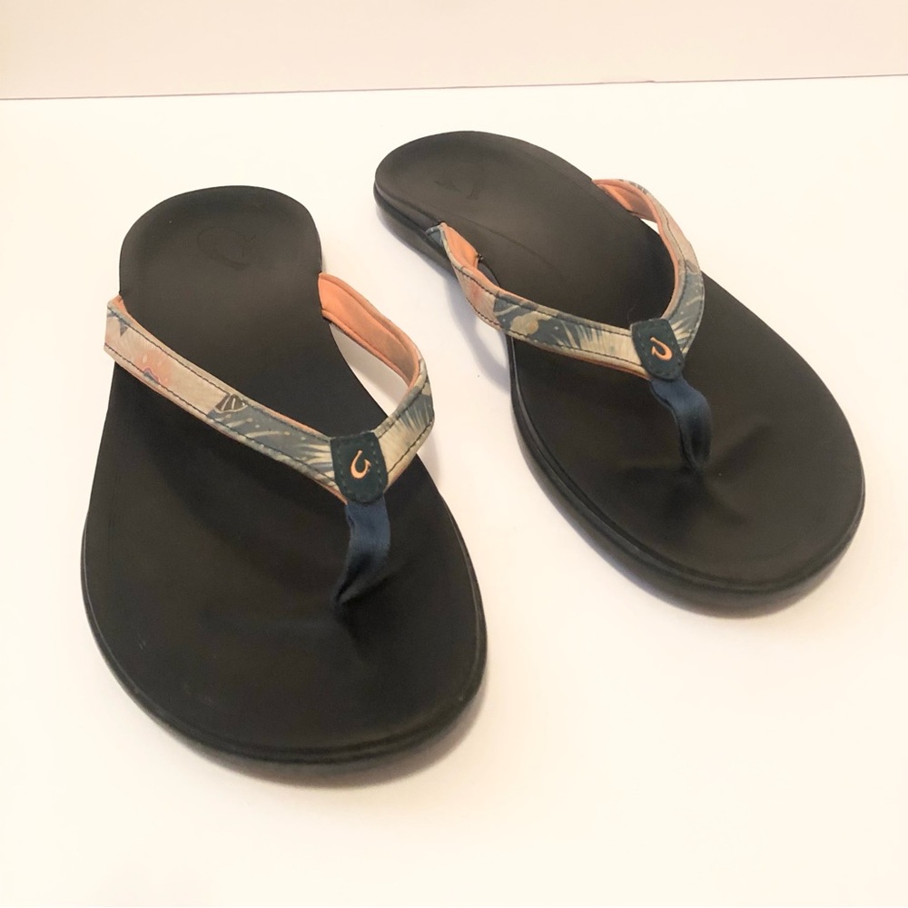 Olukai Ho’opio Floral Coral Teal Black Flip Flop Thong Sandals Hoopio Hawaiian - Picture 2 of 5
